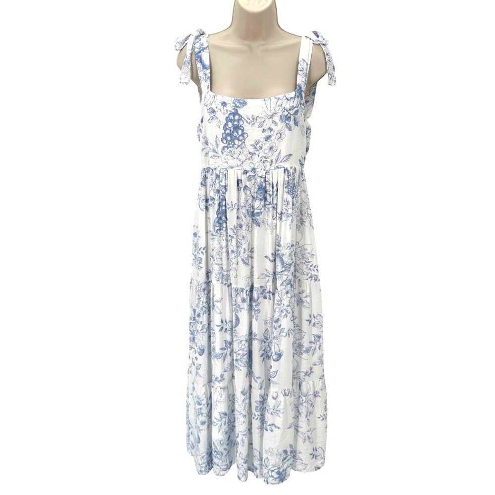 By The River Womens Blue White Floral Feminine Summer Maxi Dress Size L